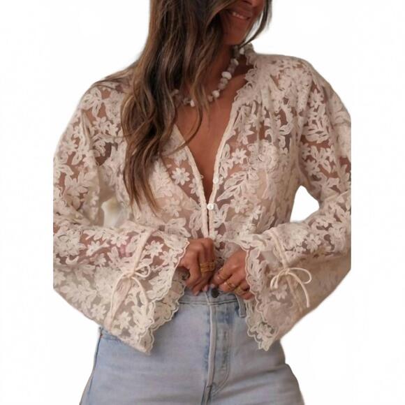 ROSA CLOTHING Tops - NEW ROSA CLOTHING women's boho lace floral sheer blouse in beige